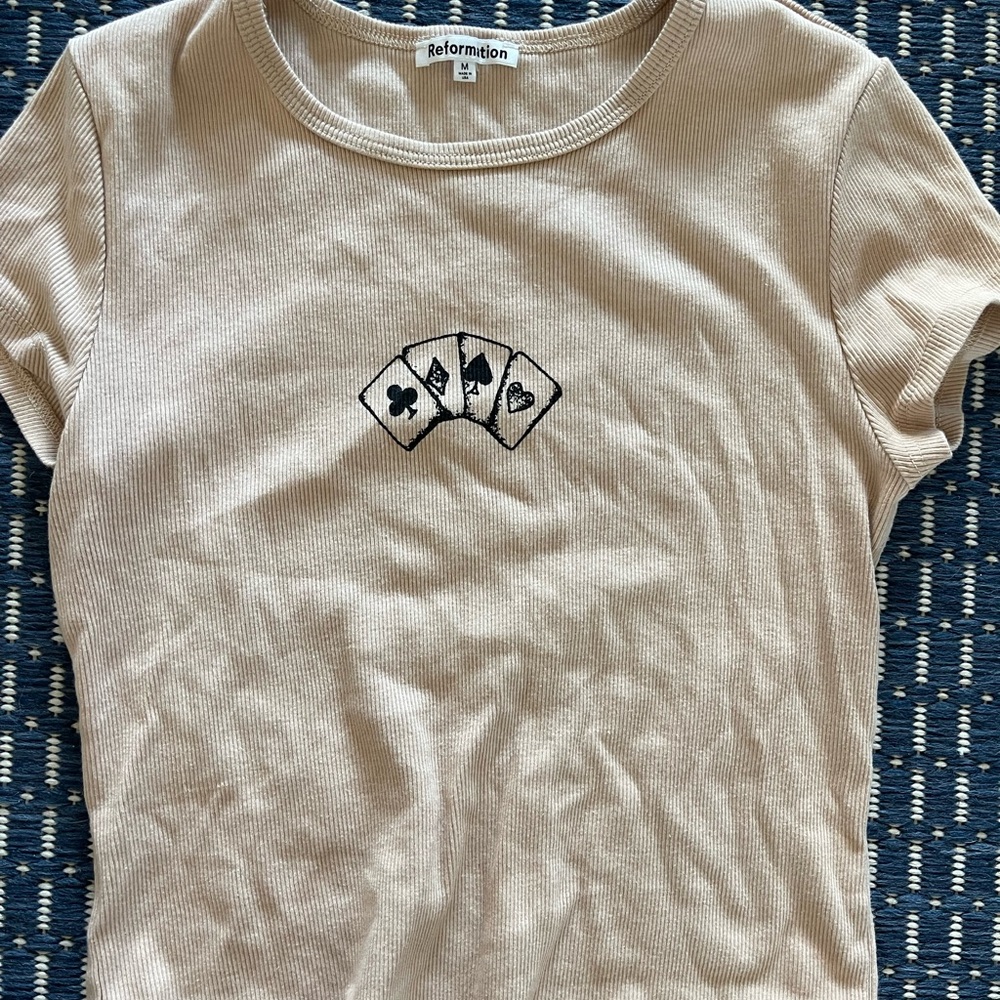 Reformation Cream Ribbed Tee with Black Card Suit Embroidery